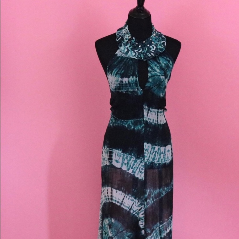 Sheer beaded neck halter maxi cover-up